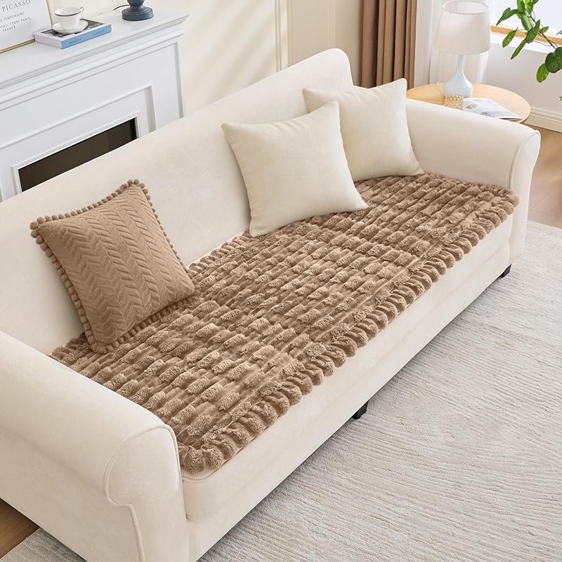 Non-Slip Fuzzy Dog Couch Cover in Leather Color with Thick Soft Design