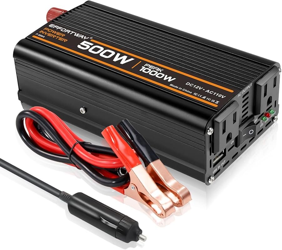 500W Power Inverter, Inverter 12V to 110V with 2 AC Outlets, 2.1A USB