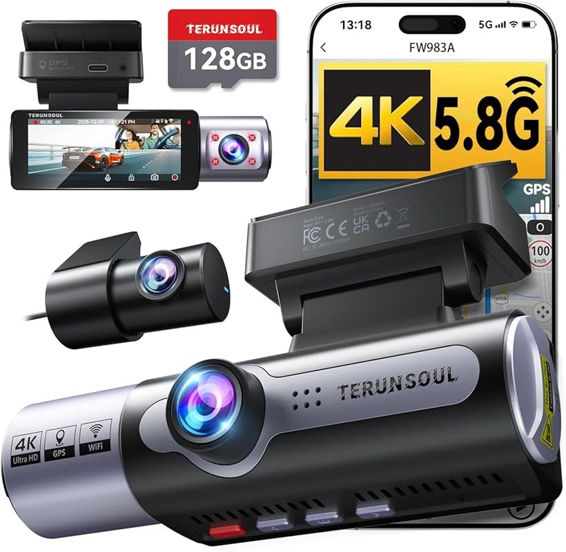 4K+1080P+1080P 3-Channel Dash Cam Front Rear, 5.8GHz WiFi GPS, Collisi