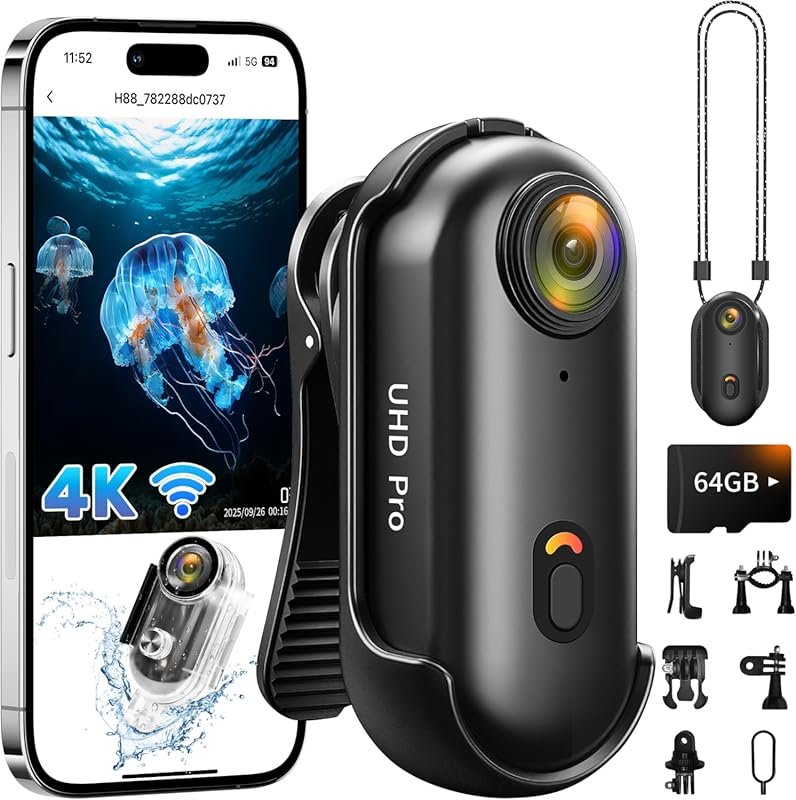 4K Action Camera with 64GB, 2026 Ready POV WiFi, Thumb Snap Cam Waterp