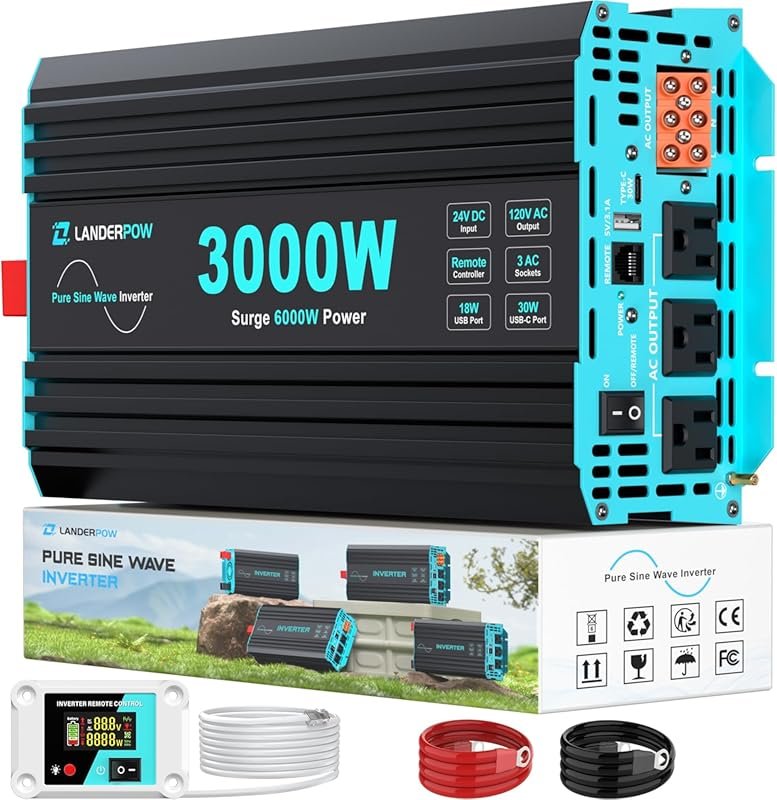 3000 Watt Pure Sine Wave Inverter 24V DC to 120V AC for RV, Truck, Sol