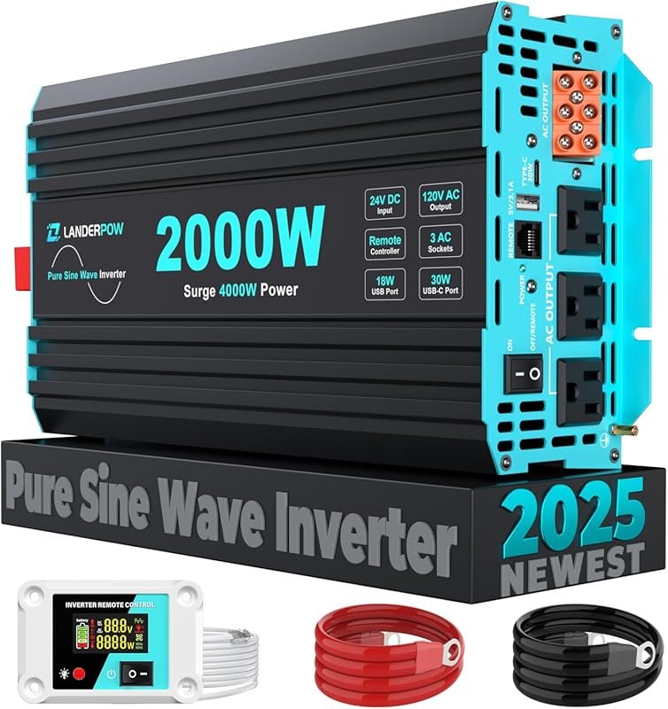 2000 Watt Pure Sine Wave Inverter, 24V DC to 120V AC Inverters for RV,