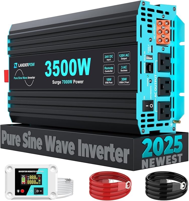3500W Pure Sine Wave Inverter 24V DC to 120V AC for RV, Truck, Home, O