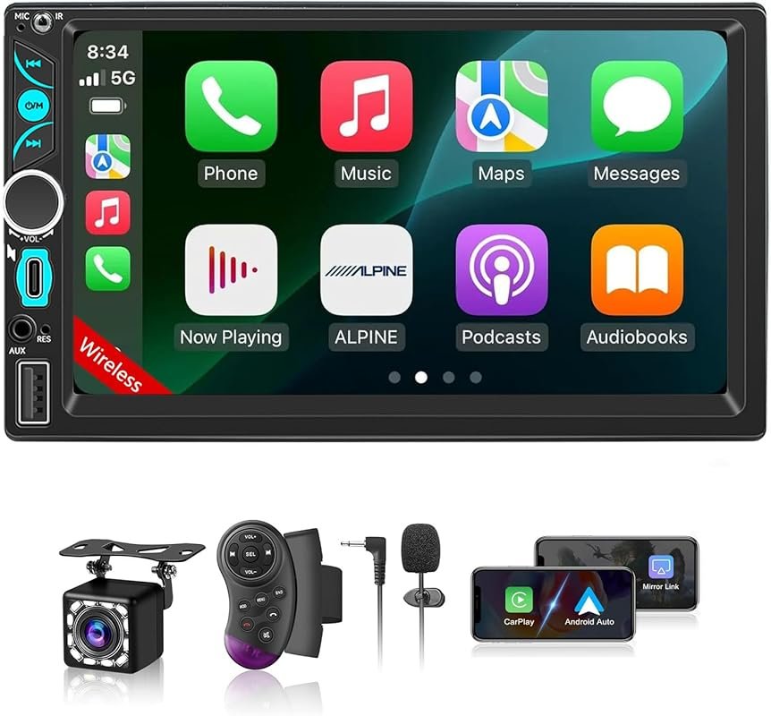 Wireless Double Din Car Stereo with 7-inch Touchscreen, Apple CarPlay,