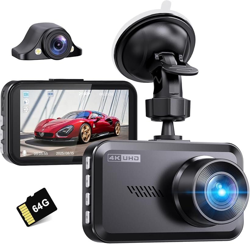 Dual 4K dash cam front and rear with 2160P recording, wide angles, nig