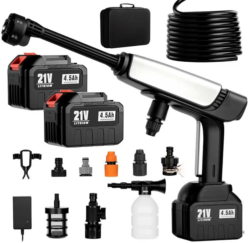 Cordless pressure washer with 2 batteries, charger, 6-in-1 nozzle, and