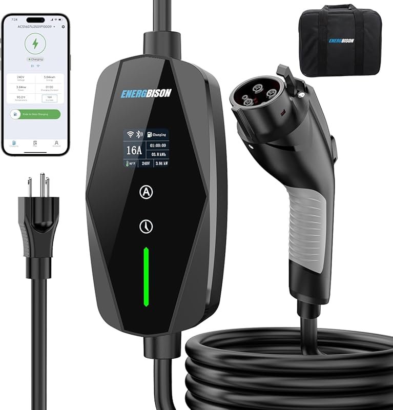 Level 1 & 2 Portable EV Charger with WiFi App Control, Adjustable Curr