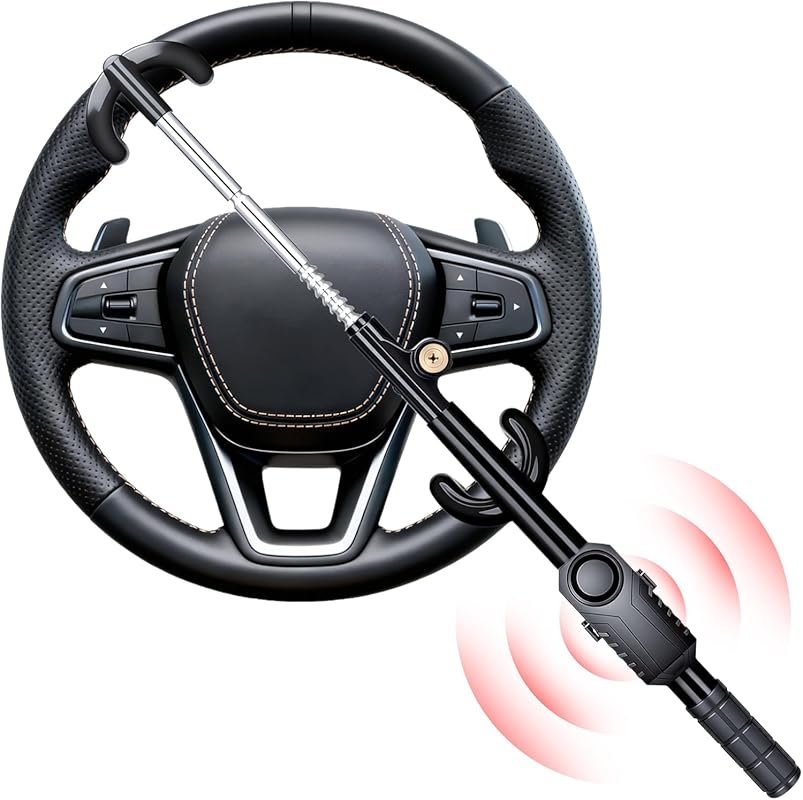 Black Steering Wheel Lock with 113dB Alarm and Motion Sensor for Vehic
