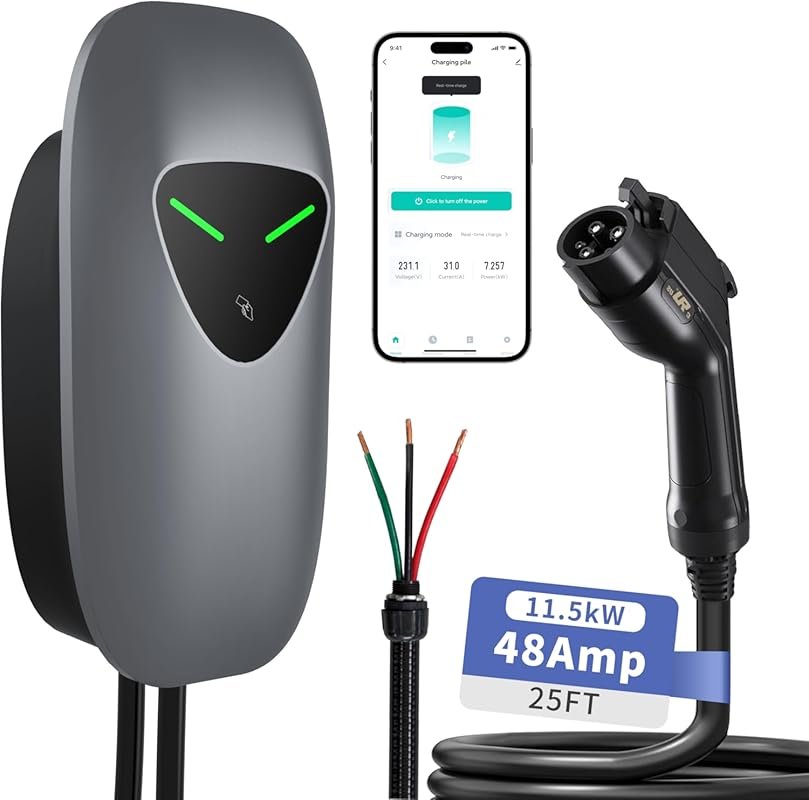 48 Amp Hardwired Level 2 EV Charger with WiFi & 25ft Cable for Home