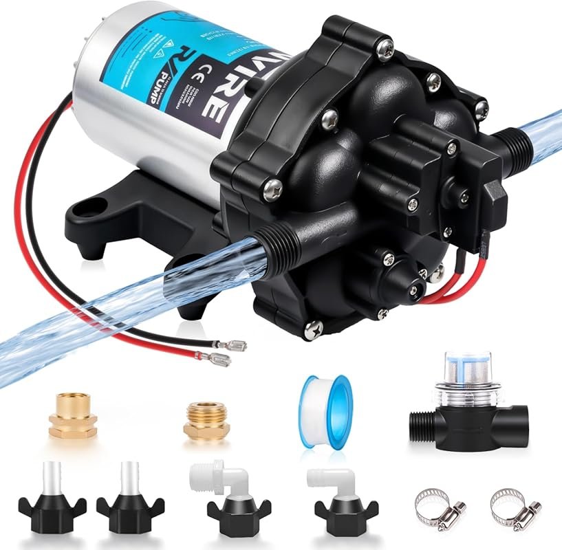 12V DC RV Water Pump with 7 GPM 70 PSI, Self-Priming 5-Chamber Diaphra