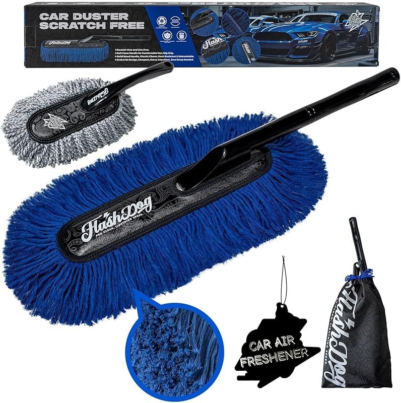 Wood Handle Car Duster with Mini Interior Brush for Waterless Exterior