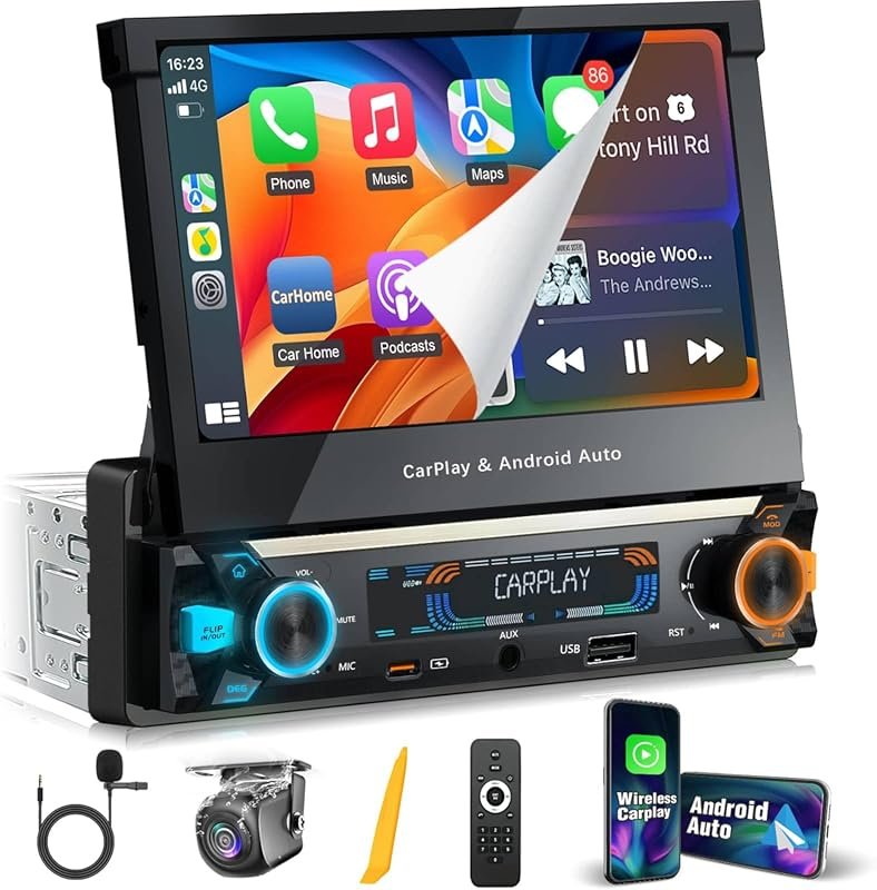 Single DIN flip-out 7-inch QLED car stereo with wireless Apple CarPlay