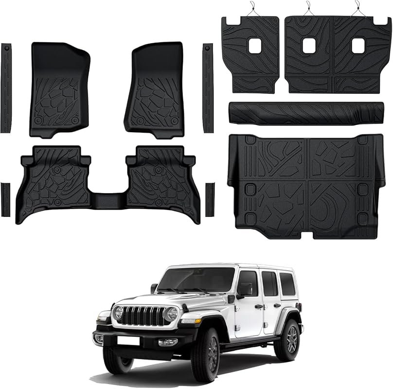 All-weather floor mats, cargo liner, and backrest protectors for Jeep