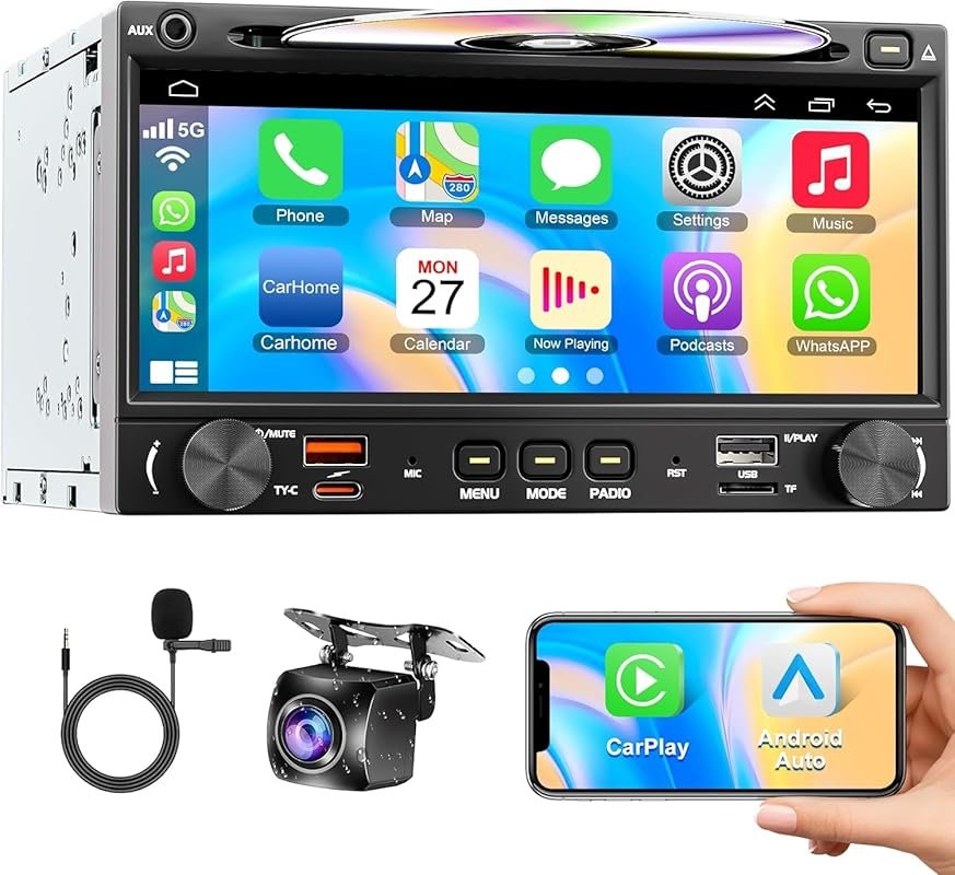 7-inch double DIN car stereo with Apple CarPlay, Android Auto, and CD/