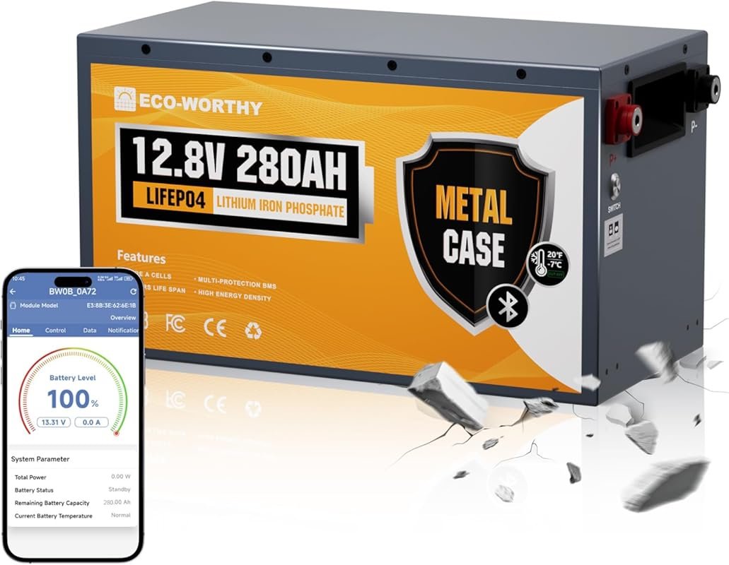 ECO-WORTHY 12V 280Ah LiFePO4 Battery with Bluetooth, 200A BMS, and Low