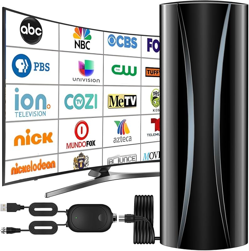 Indoor TV antenna with 360-degree reception, signal booster and 38-foo