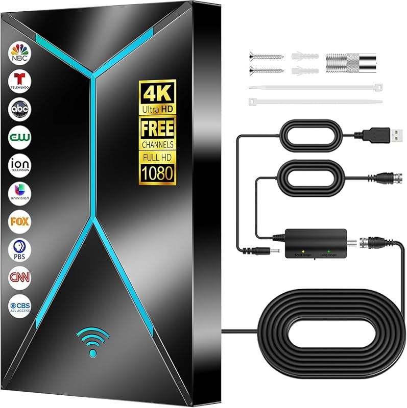 Long range indoor/outdoor HDTV antenna with signal booster and 26-foot