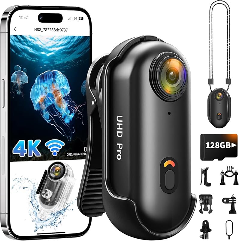 4K Action Camera with 128GB, 2026 Refresh POV Hands-Free, Mini Body Wi