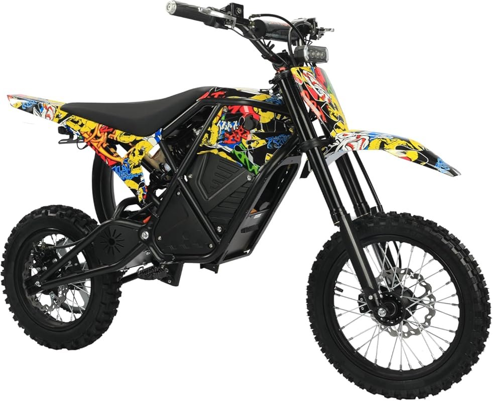 Electric Dirt Bike with 3500W Motor, 40 MPH Speed, and Graffiti Design