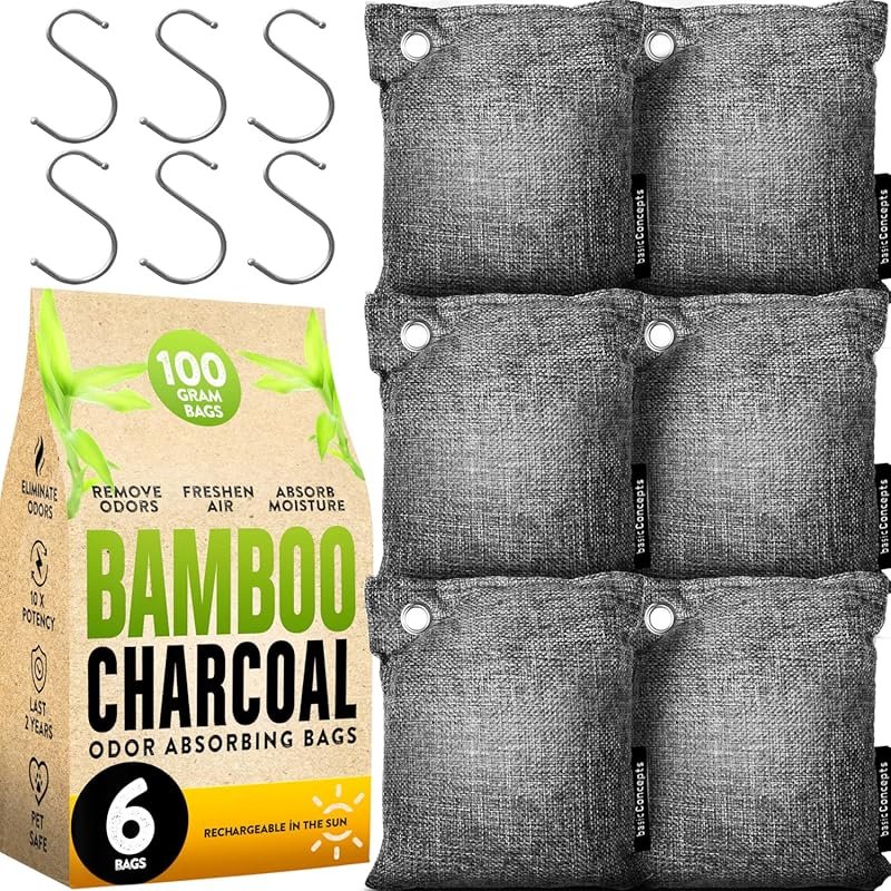 Bamboo Charcoal Strong Odor Absorber 6-Pack - 100g Bags for Car, Close