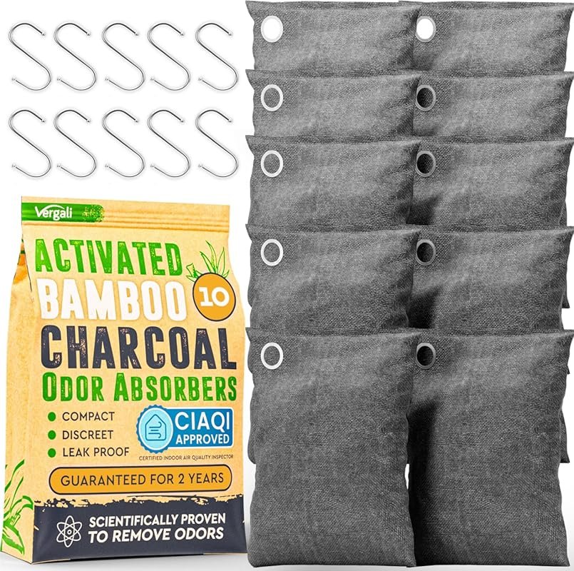 10-Pack Bamboo Charcoal Odor Absorber Bags for Car, Closet, Shoe, Base