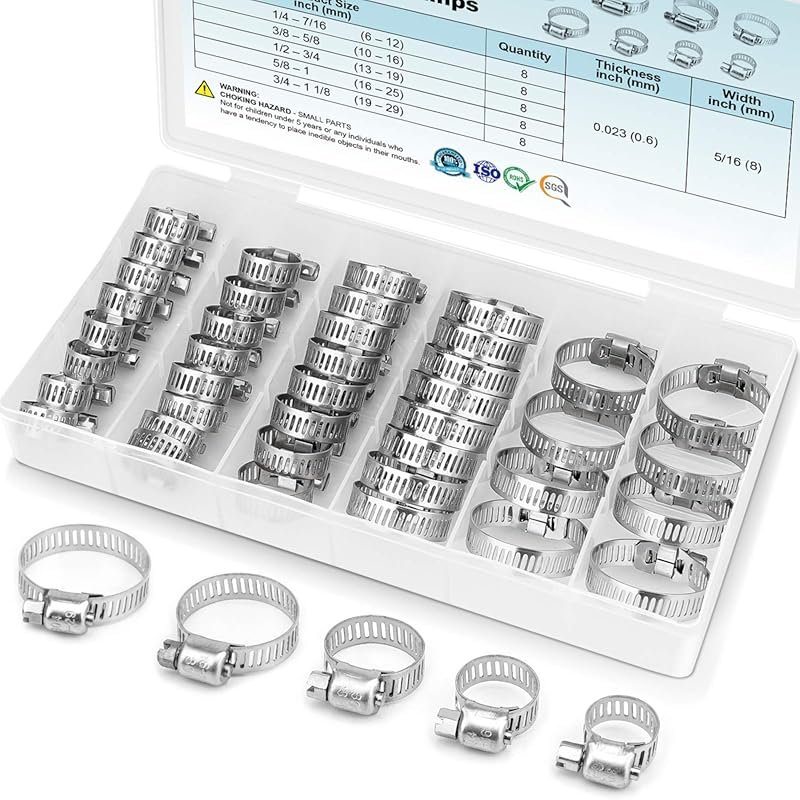 TICONN 40-Piece 304 Stainless Steel Hose Clamp Set, Adjustable 1/4-1-1