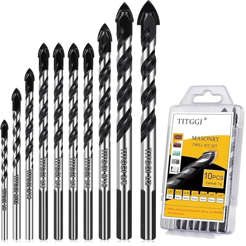 TITGGI 10-Piece Masonry & Concrete Drill Bit Set for Glass, Brick, Cem