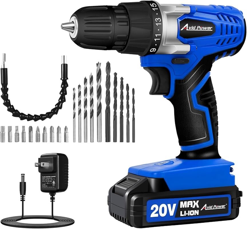 AVID POWER 20V Cordless Drill: 3/8-Inch Keyless Chuck, Variable Speed,