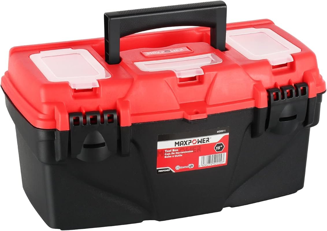 MAXPOWER 15-Inch Plastic Tool Box with Removable Tray and Dual Lock Se