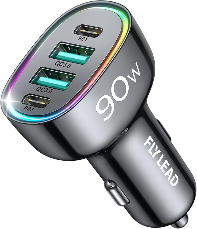 Car Charger USB C, 4 Port 90W Super Fast Charging for iPhone 17 Car Ad
