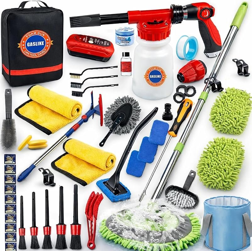 56Pcs Car Wash Cleaning Kit with Foam Gun, Car Wash Brush with Long Ha