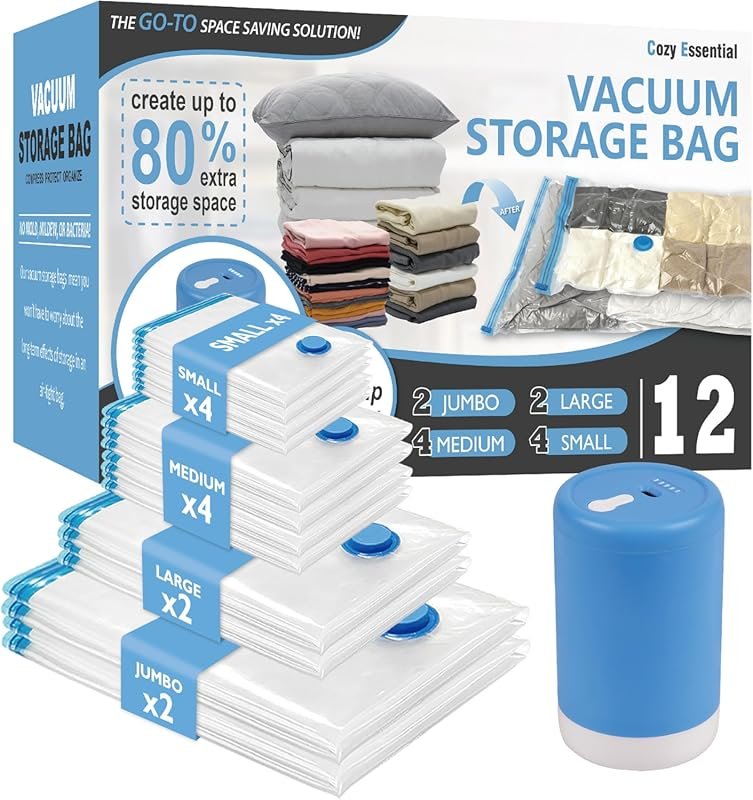 Cozy Essential Travel Vacuum Bags: Rechargeable Wireless Pump, 12-Pack