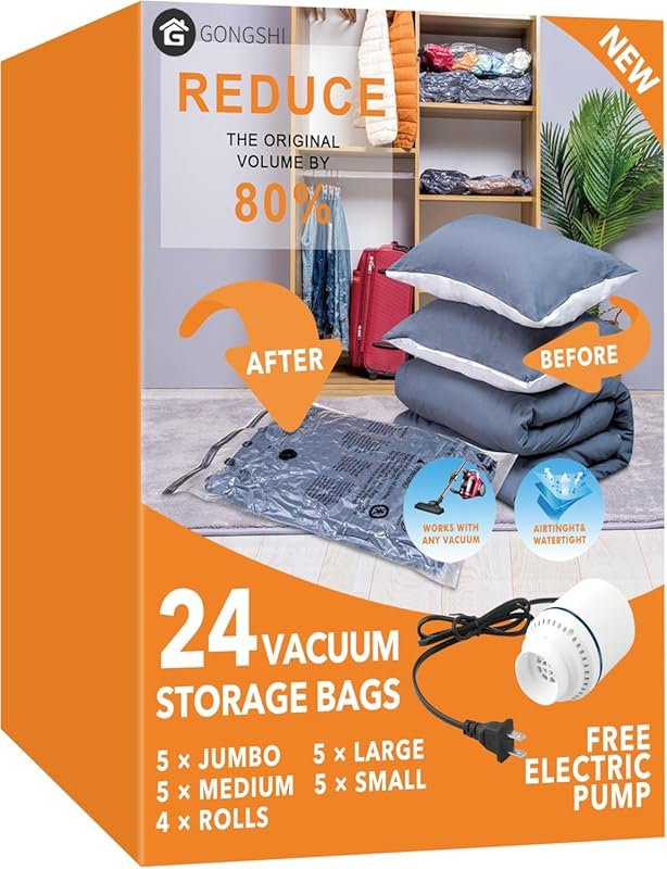 GONGSHI EPUMP Vacuum Storage Bags – 24 Pack Space Saver for Clothing, 