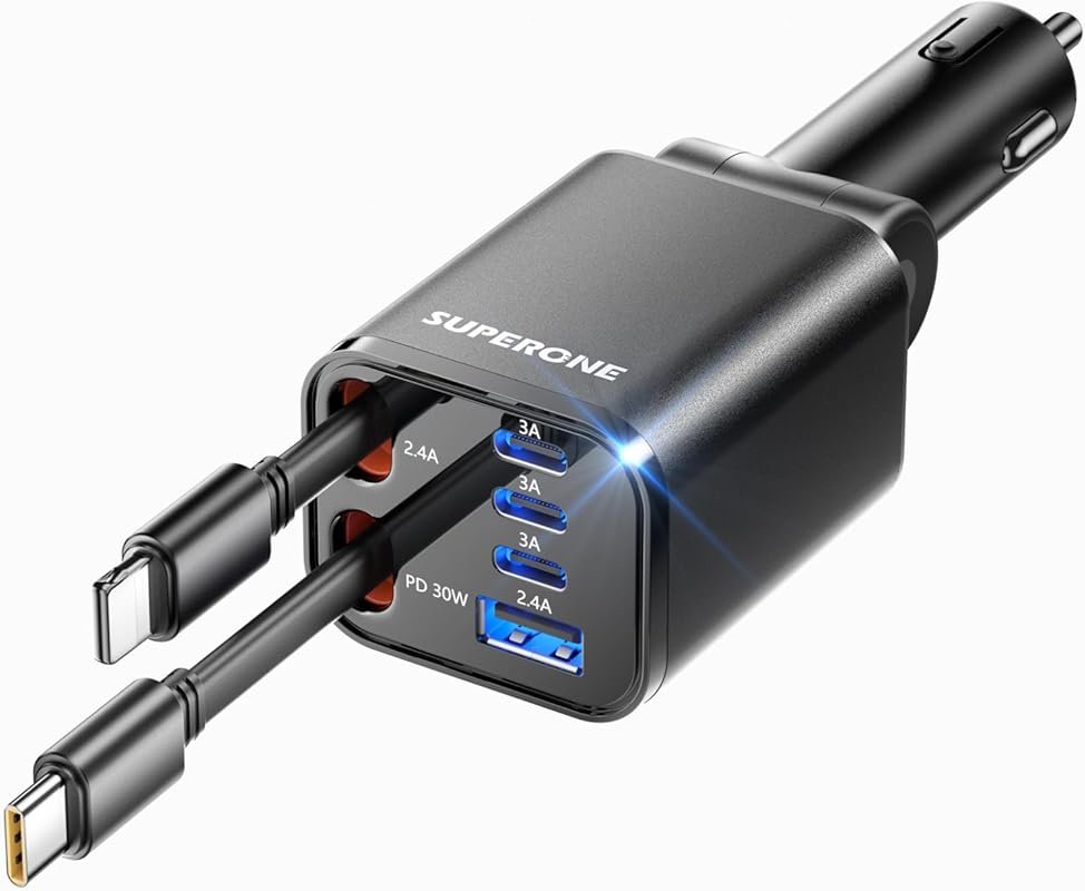 SUPERONE 99W Retractable Car Charger USB C Cables Fast Charging for iP