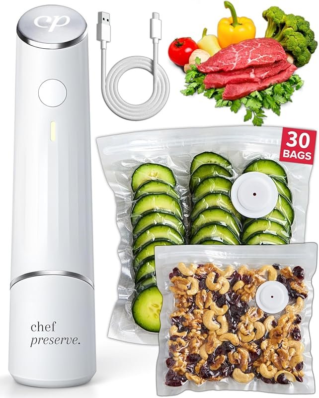 Chef Preserve Compact Vacuum Sealer for Food Bundle: Machine + 30 Reus