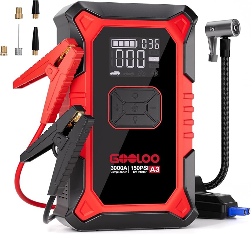 GOOLOO A3 3000A jump starter with 150PSI auto-shutoff air compressor f