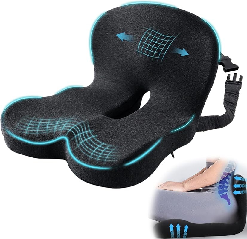 L-Shaped Ergonomic Memory Foam Seat Cushion with Adjustable Strap for