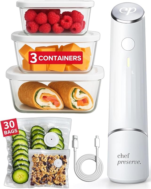 Chef Preserve Compact Vacuum Sealer for Food Bundle: Machine + 3 Glass