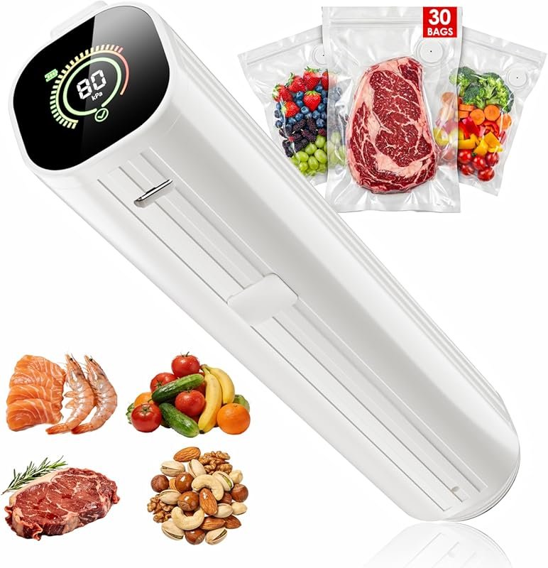 Compact Vacuum Sealer for Food with LED Display, 30 Reusable Bags, Han