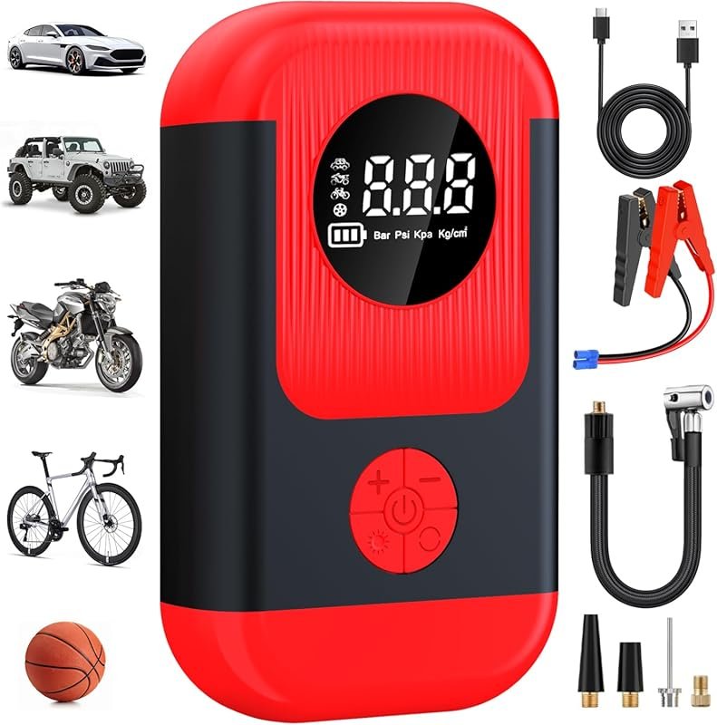 Cordless Tire Inflator Jump Starter with LED Light and Pressure Gauge 