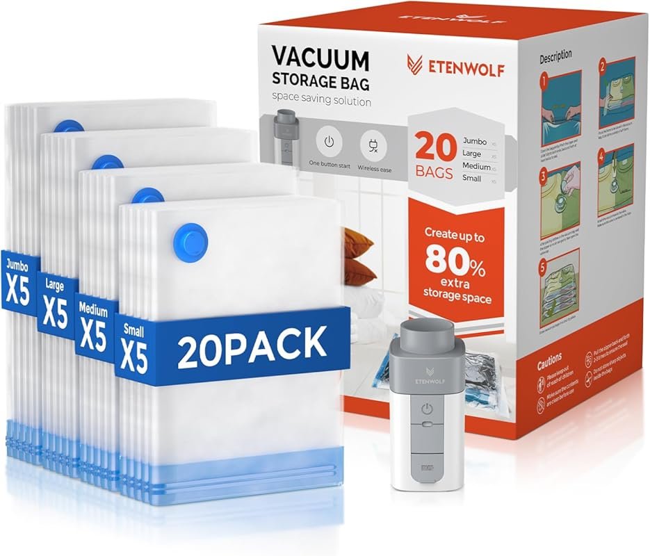 ETENWOLF 20 Pack Vacuum Bags: Rechargeable Wireless Pump, Multiple Car