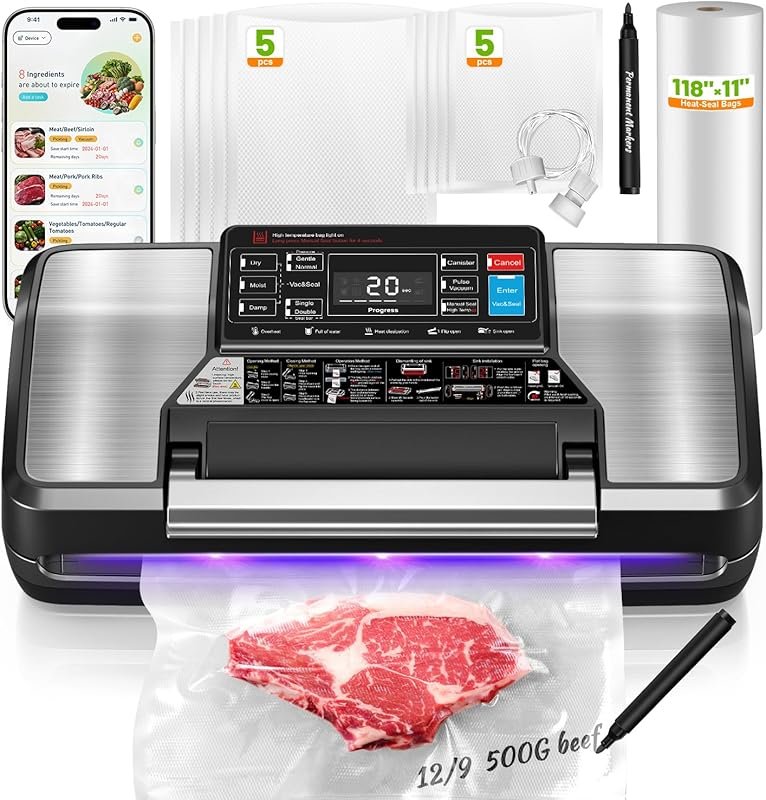 95Kpa 12-in-1 Vacuum Sealer for Food with Double Heat Seal, App Contro