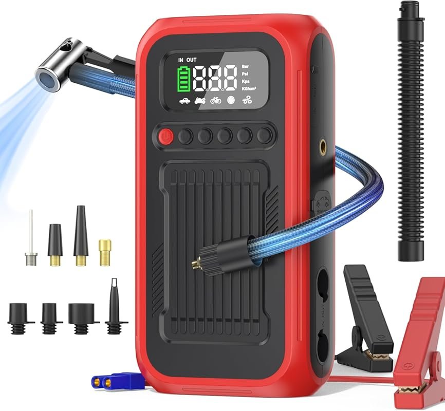 150PSI Tire Inflator Jump Starter with 28000mAh Battery, Air Blower, D