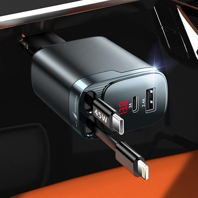 Retractable 84W USB C Fast Car Charger 4 in 1 for iPhone Samsung Pixel