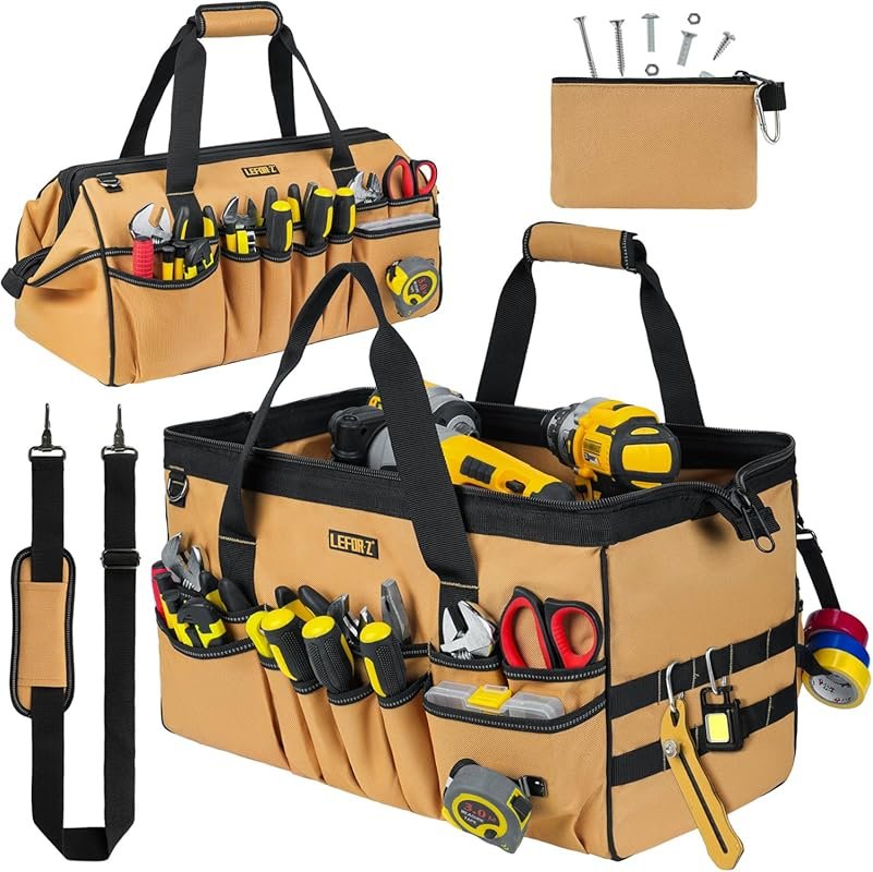 18.5-Inch Heavy-Duty Tool Bag with 43 Pockets, Wide Mouth, Tool Box Or