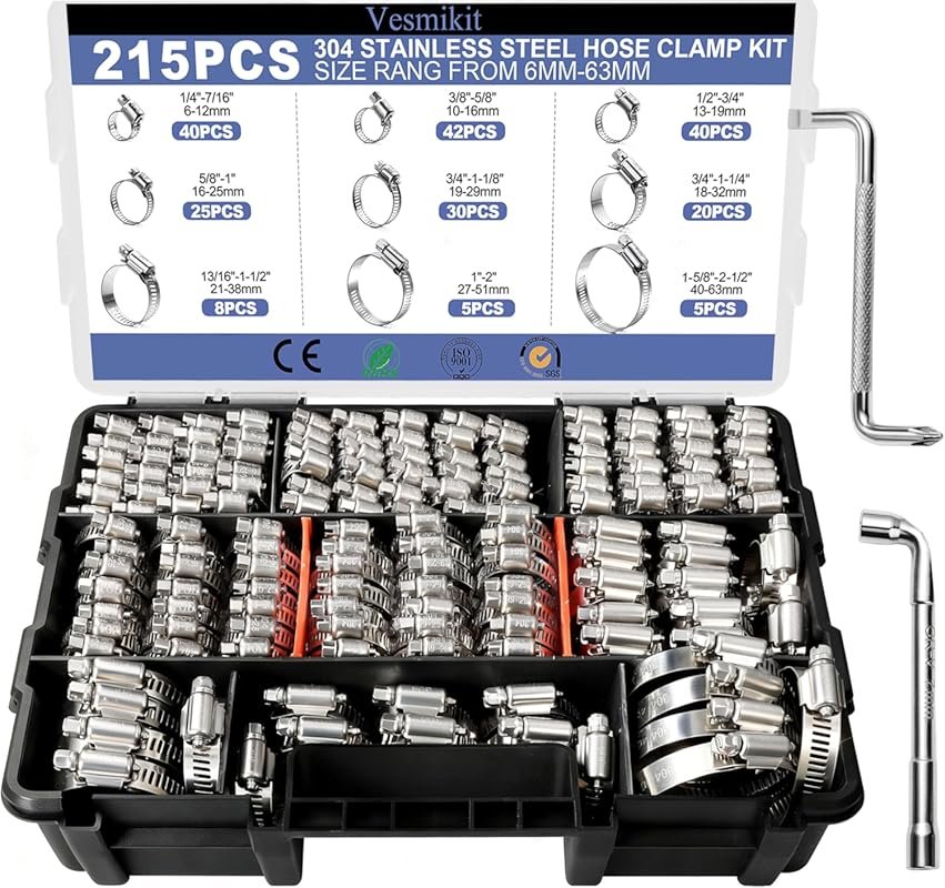 Vesmikit 215-Piece Stainless Steel Hose Clamps, 1/4-2-1/2 (6-63mm) for