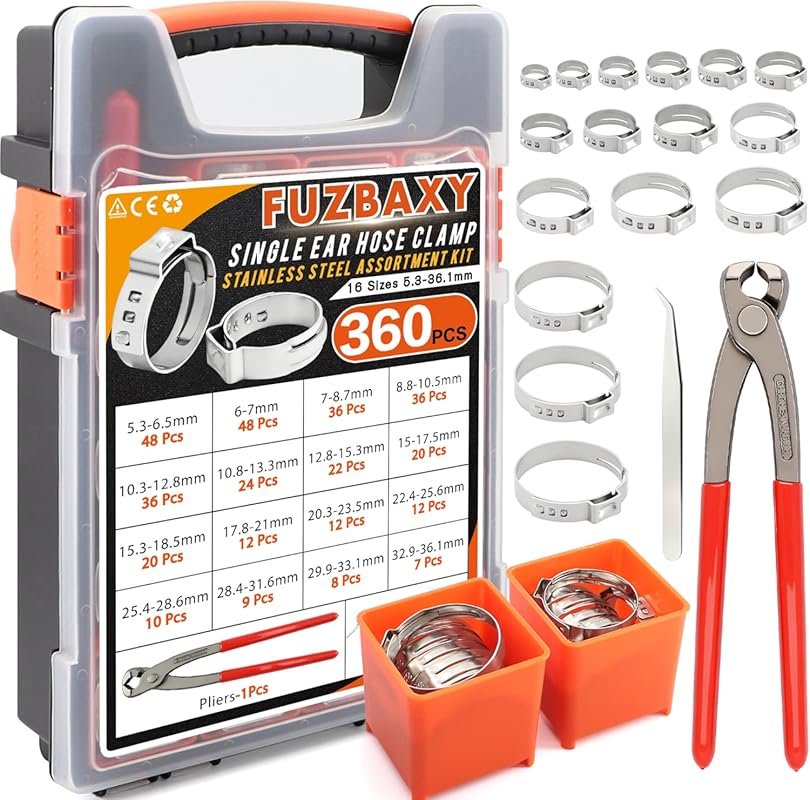 360-Piece 22-Size Single Ear Stainless Steel Crimp Hose Clamp Set, 5.3