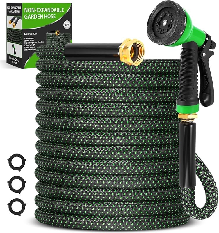 50FT Non-Expanding Flexible Garden Hose with 10-Function Nozzle, Light