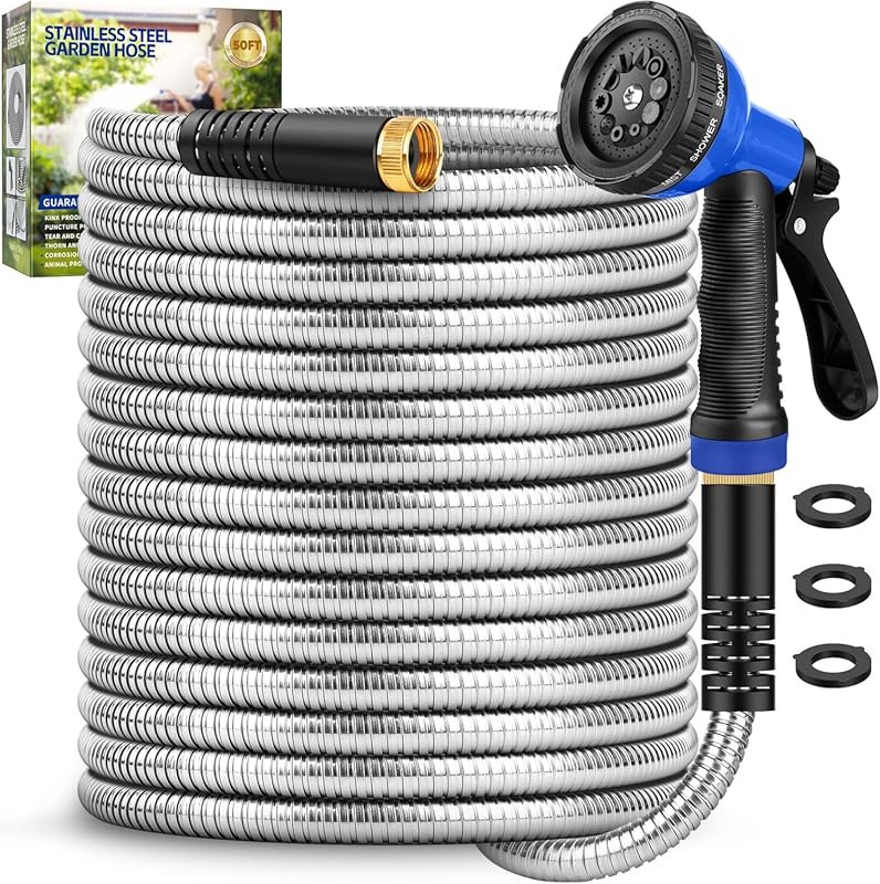 50FT Stainless Steel Garden Hose with 10-Function Nozzle, Kink-Free Le