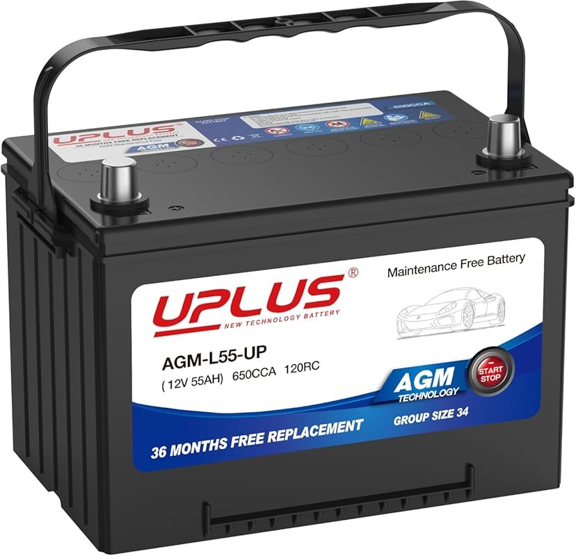 UPLUS BCI Group 24 AGM-L55 12V 55Ah Car Battery, 650CCA, Maintenance F